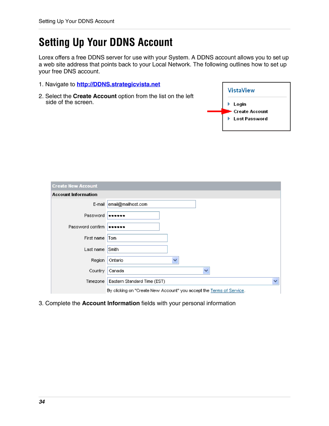 LOREX Technology SG17L7584 instruction manual Setting Up Your Ddns Account, Navigate to http//DDNS.strategicvista.net 