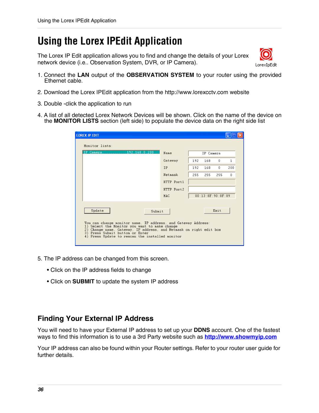 LOREX Technology SG17L7584 instruction manual Using the Lorex IPEdit Application, Finding Your External IP Address 