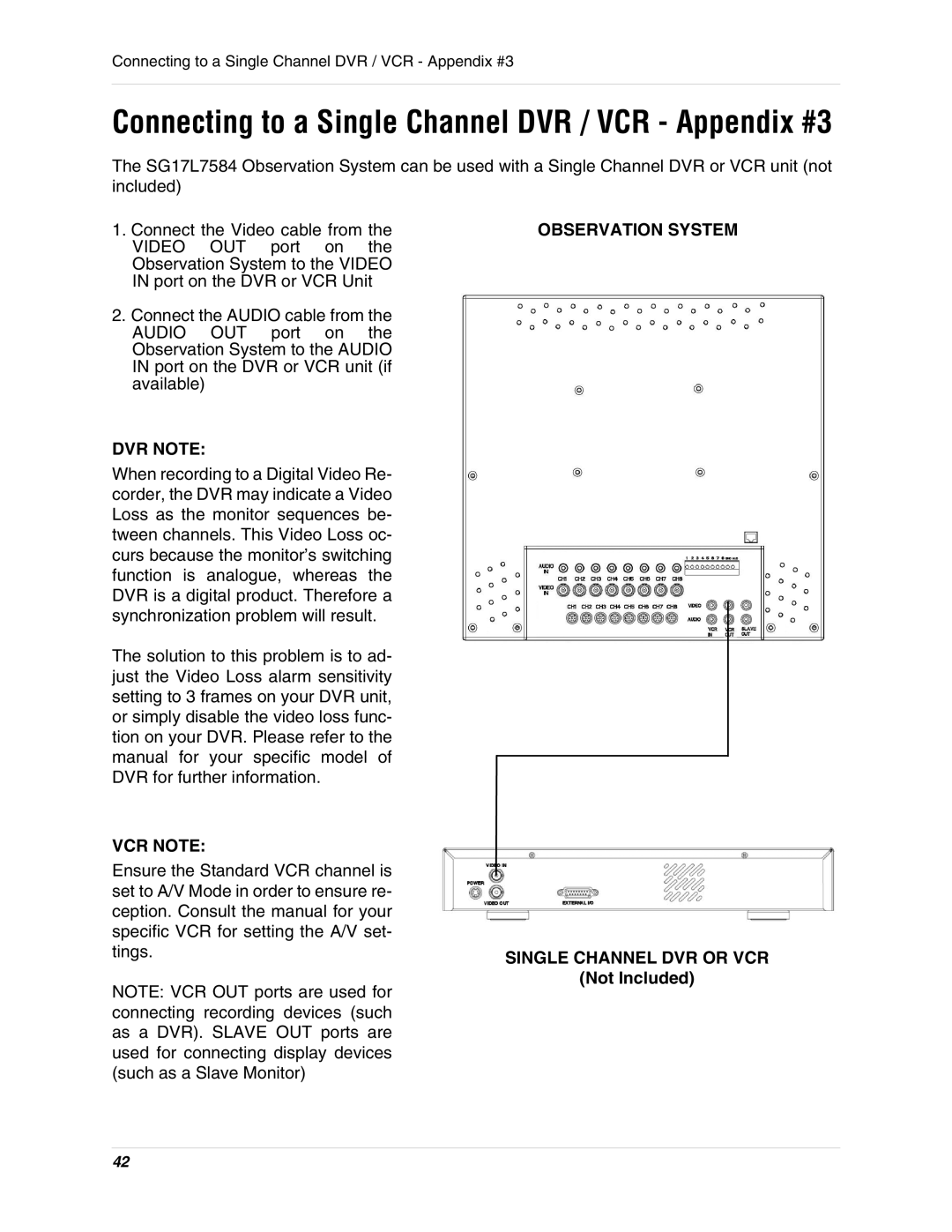 LOREX Technology SG17L7584 instruction manual DVR Note, VCR Note, Observation System Single Channel DVR or VCR 