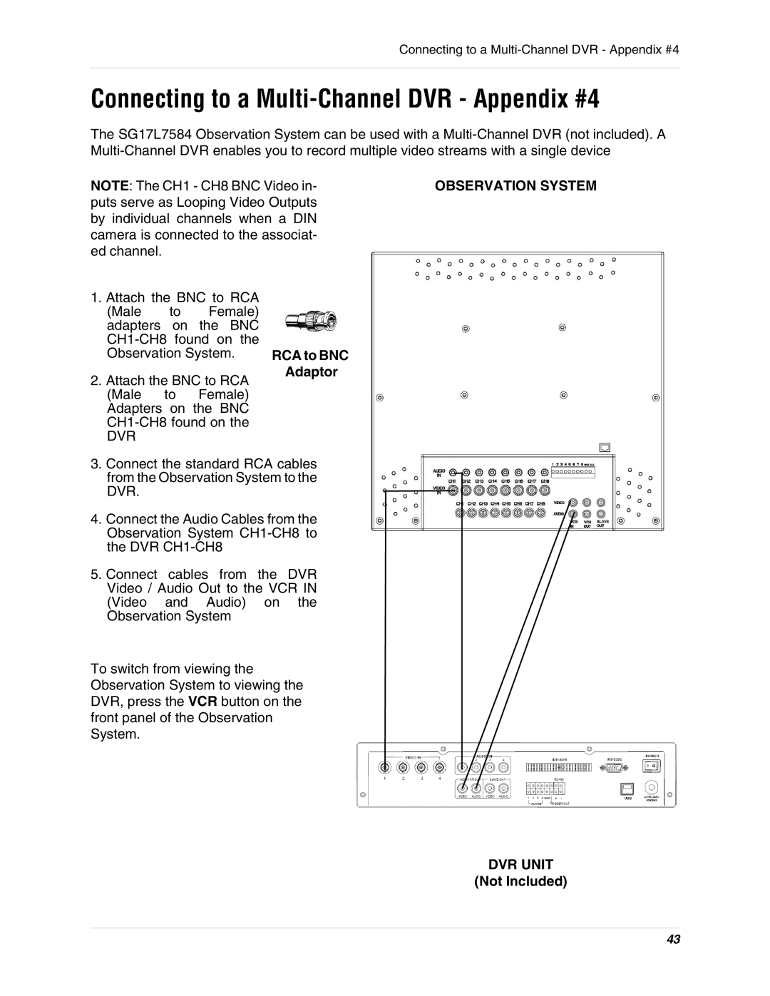 LOREX Technology SG17L7584 instruction manual Connecting to a Multi-Channel DVR Appendix #4, RCA to BNC Adaptor, DVR Unit 