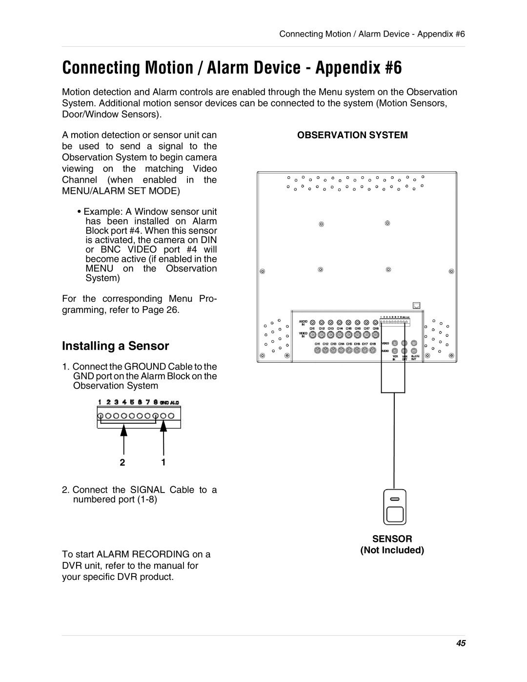 LOREX Technology SG17L7584 instruction manual Connecting Motion / Alarm Device Appendix #6, Sensor 