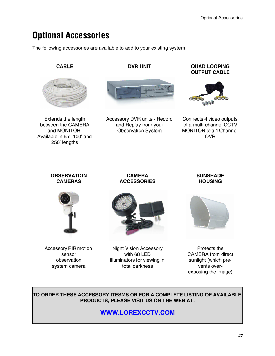 LOREX Technology SG17L7584 instruction manual Optional Accessories, Cable DVR Unit, Cameras 