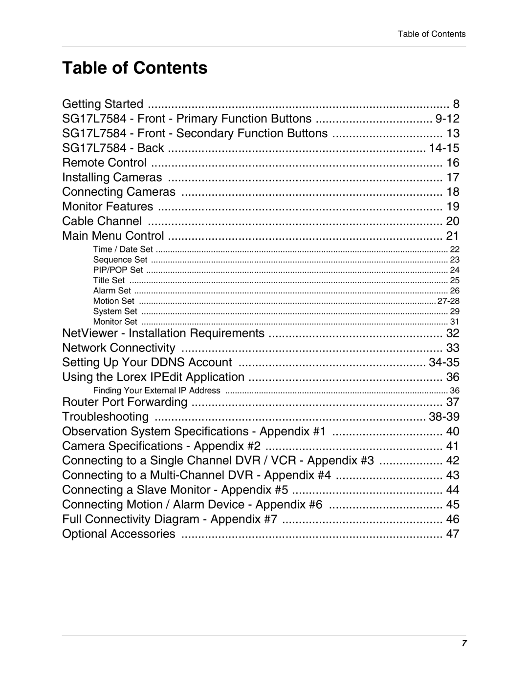 LOREX Technology SG17L7584 instruction manual Table of Contents 