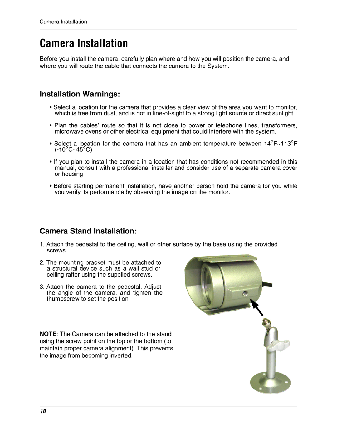 LOREX Technology SG17LD800 Series, SG19LD800 Series Camera Installation, Installation Warnings, Camera Stand Installation 