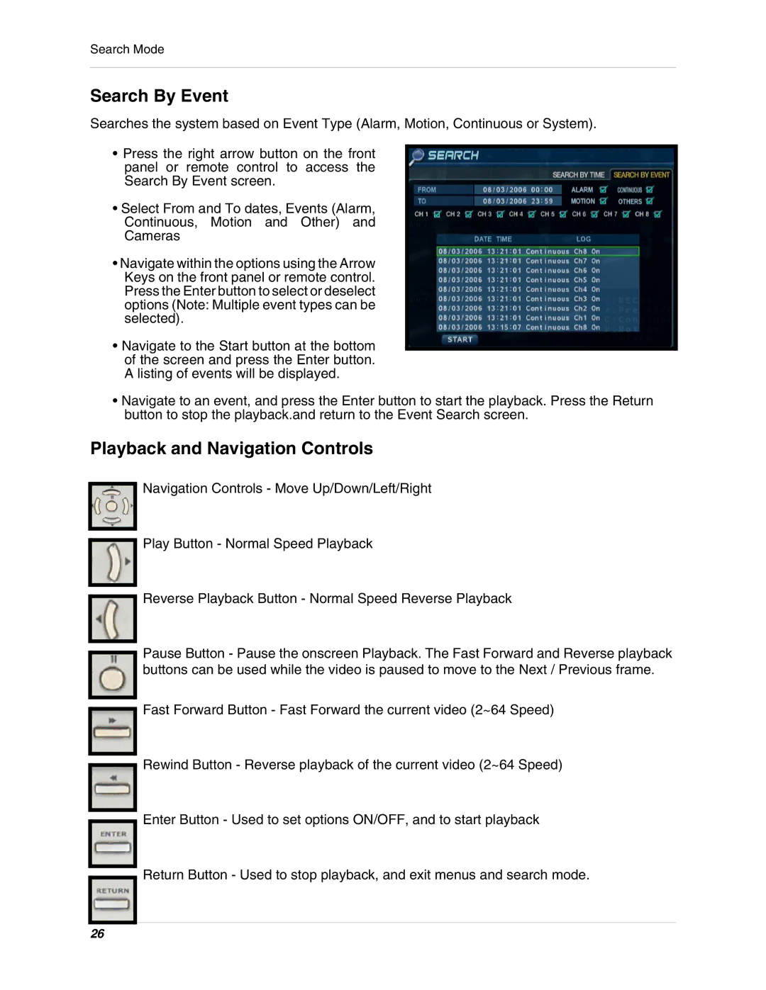 LOREX Technology SG17LD800 Series, SG19LD800 Series instruction manual Search By Event, Playback and Navigation Controls 