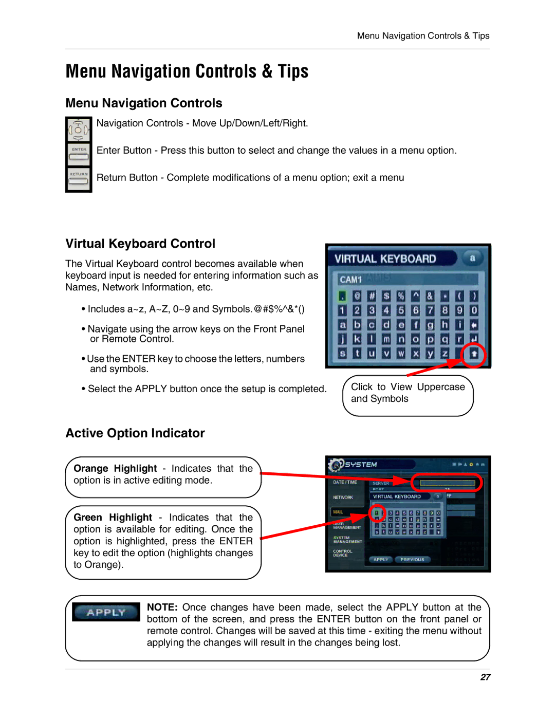 LOREX Technology SG19LD800 Series Menu Navigation Controls & Tips, Virtual Keyboard Control, Active Option Indicator 