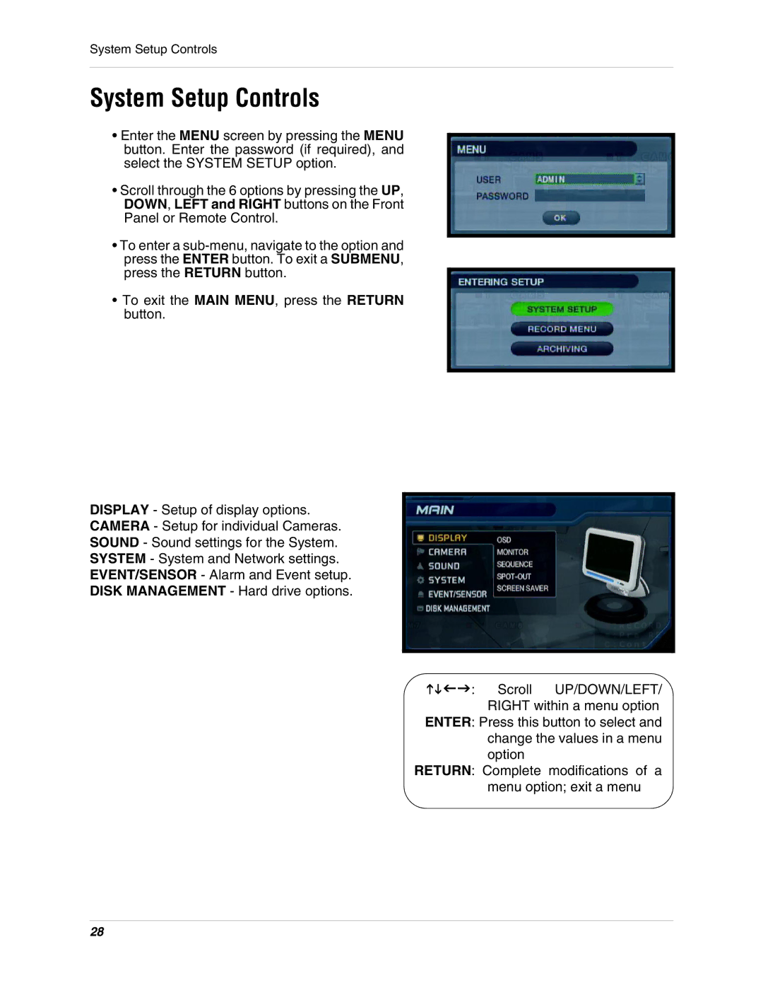 LOREX Technology SG17LD800 Series, SG19LD800 Series instruction manual System Setup Controls 