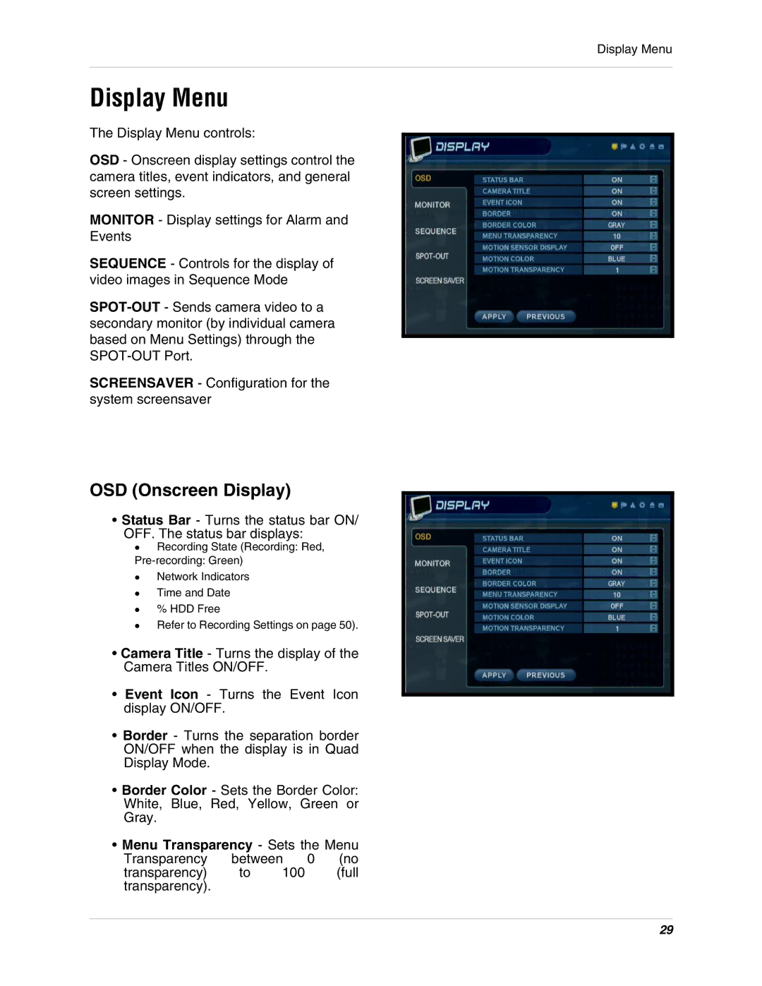 LOREX Technology SG19LD800 Series, SG17LD800 Series instruction manual Display Menu, OSD Onscreen Display 