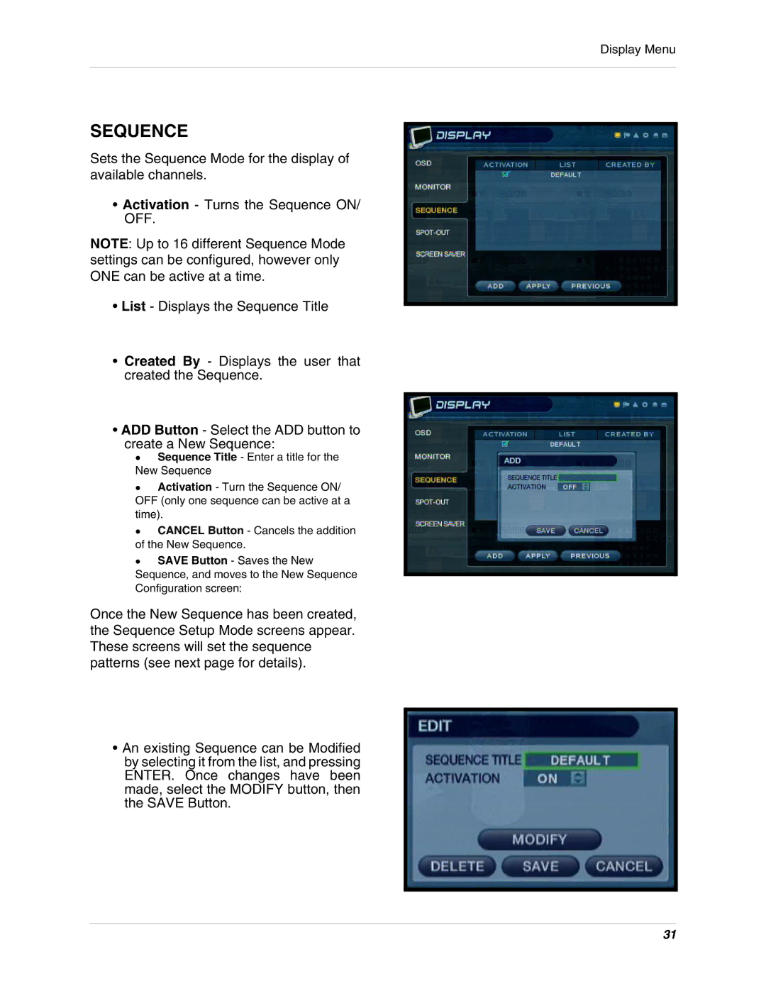 LOREX Technology SG19LD800 Series, SG17LD800 Series instruction manual Sequence 