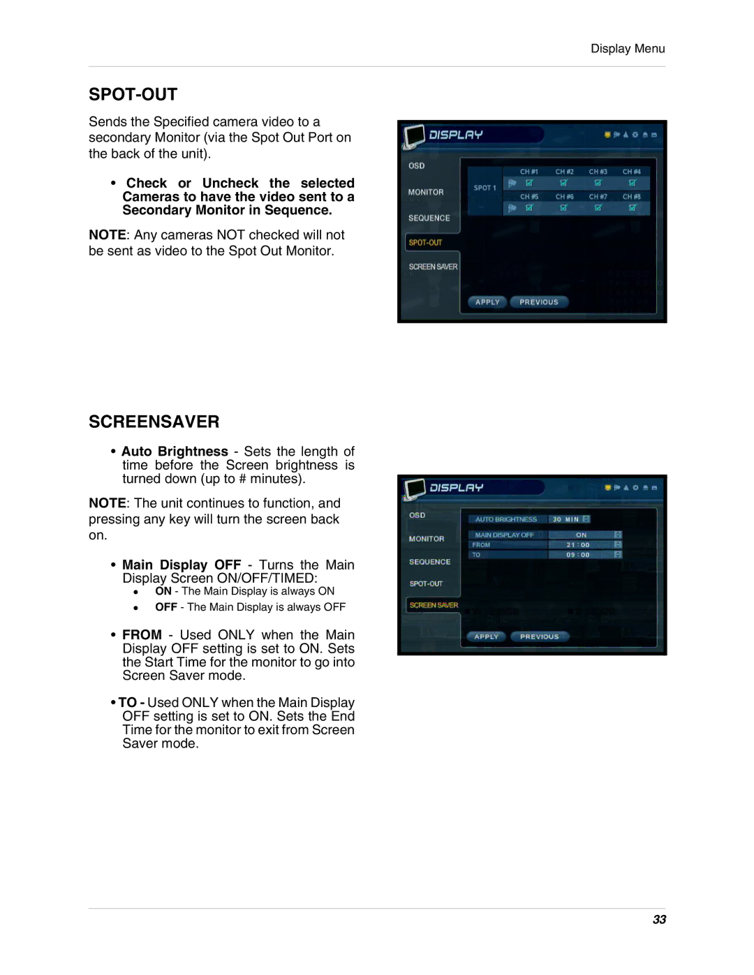 LOREX Technology SG19LD800 Series, SG17LD800 Series Spot-Out, Screensaver, Main Display OFF Turns the Main 