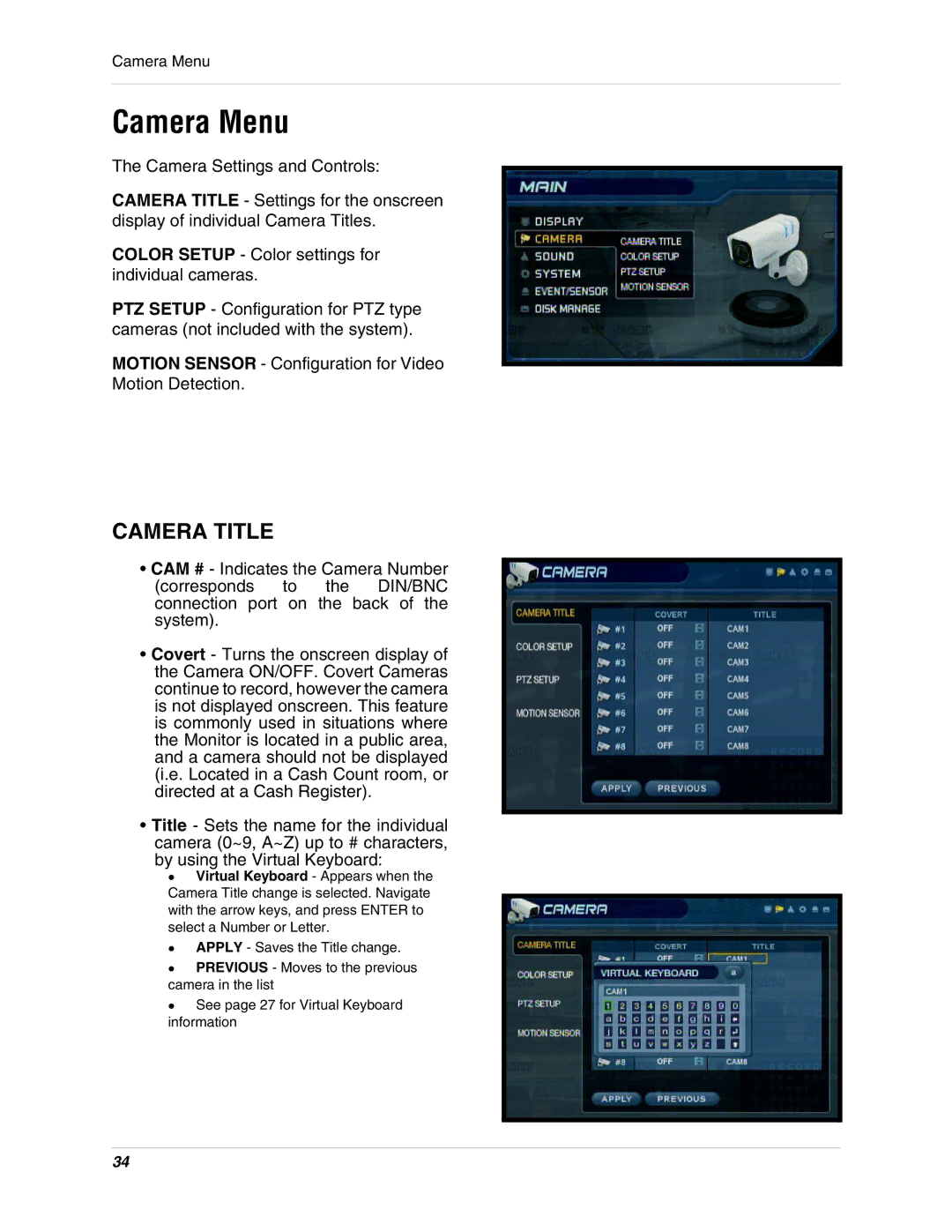 LOREX Technology SG17LD800 Series, SG19LD800 Series instruction manual Camera Menu, Camera Title 