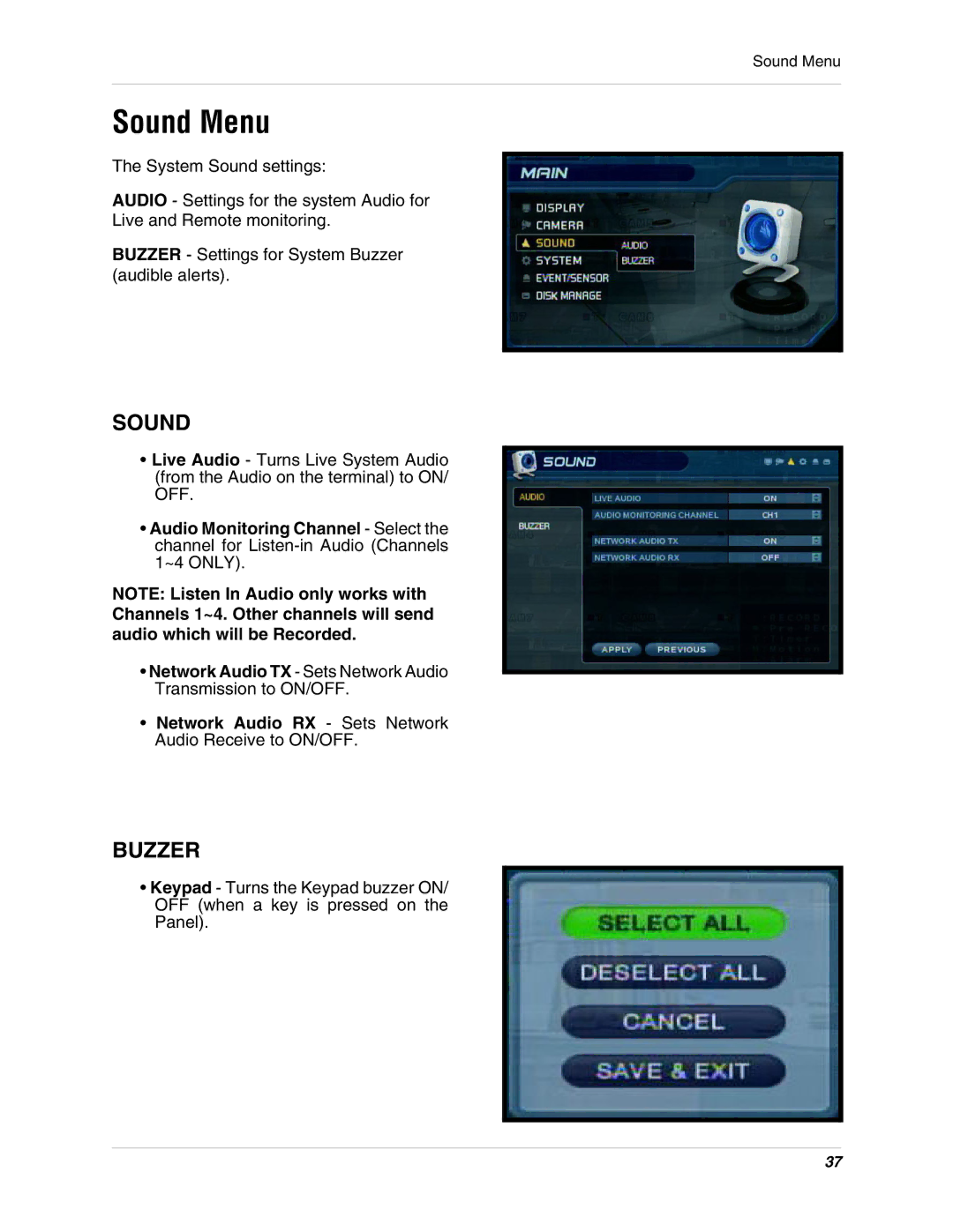 LOREX Technology SG19LD800 Series, SG17LD800 Series instruction manual Sound Menu, Buzzer 