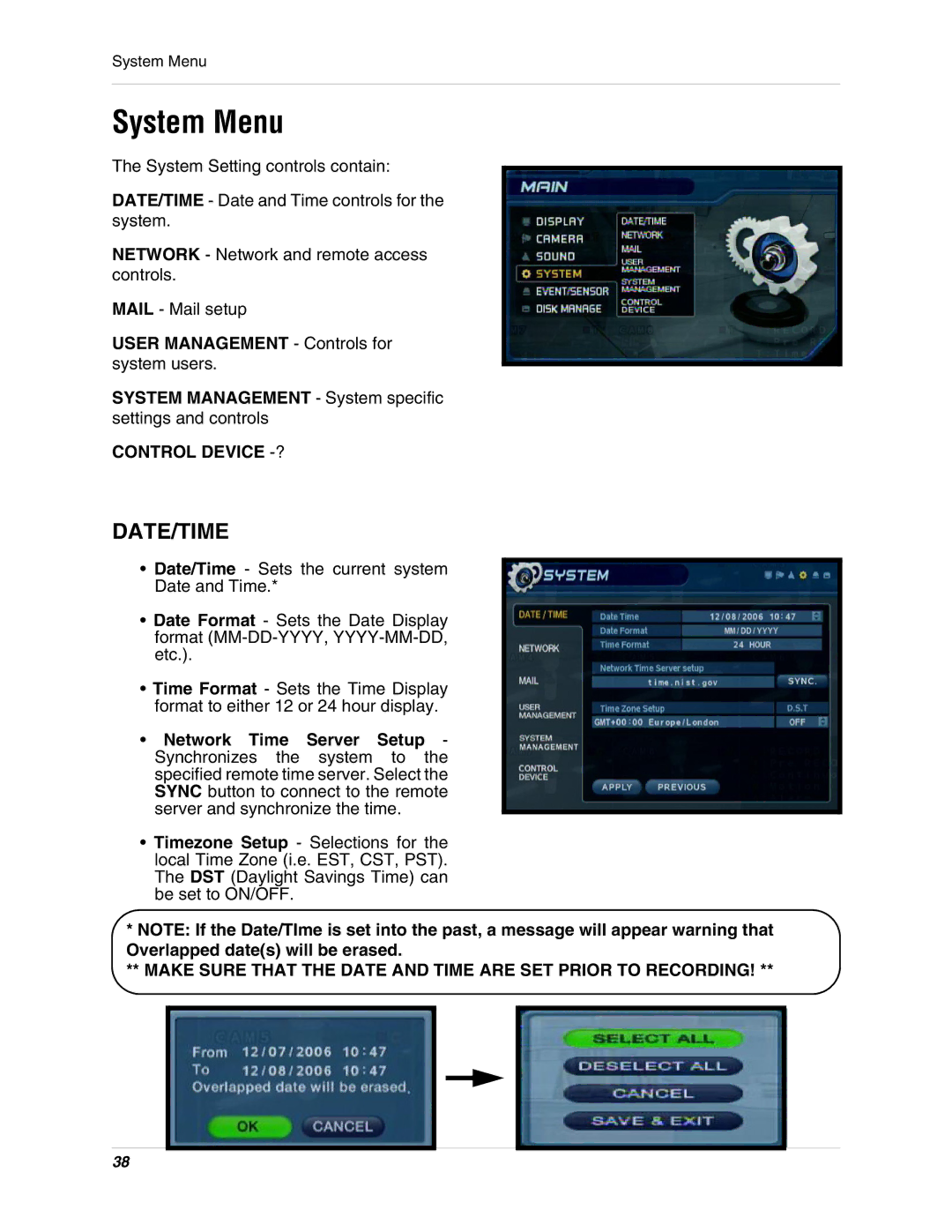 LOREX Technology SG17LD800 Series System Menu, Date/Time, User Management Controls for, System Management System specific 