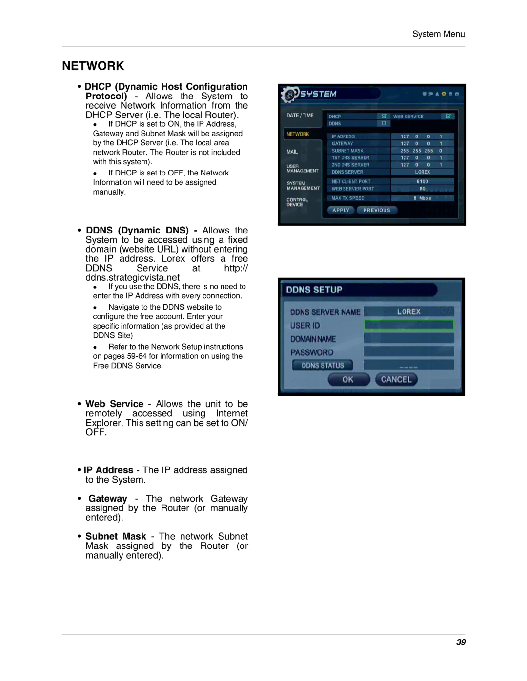 LOREX Technology SG19LD800 Series, SG17LD800 Series instruction manual Network, Dhcp Server i.e. The local Router 