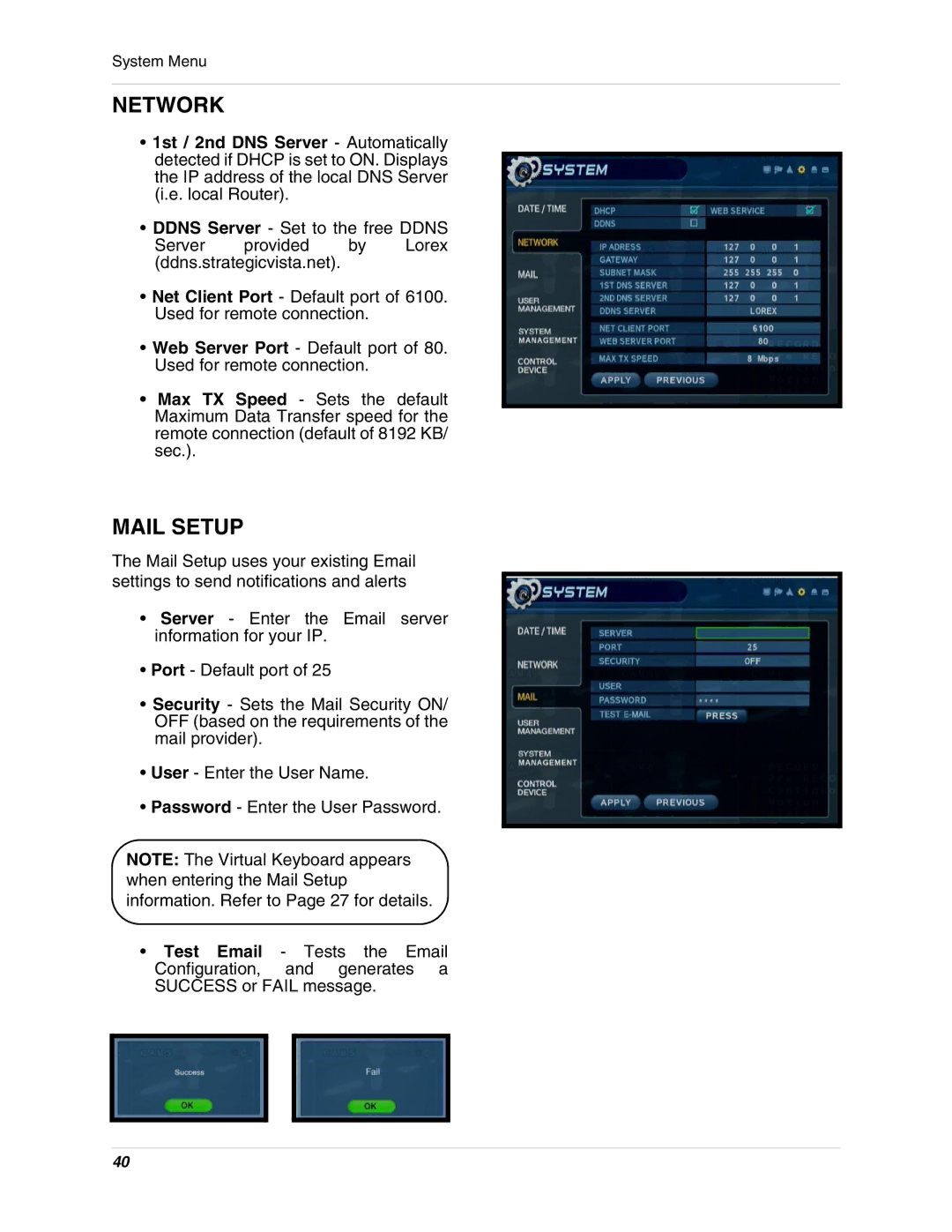 LOREX Technology SG17LD800 Series, SG19LD800 Series instruction manual Mail Setup 