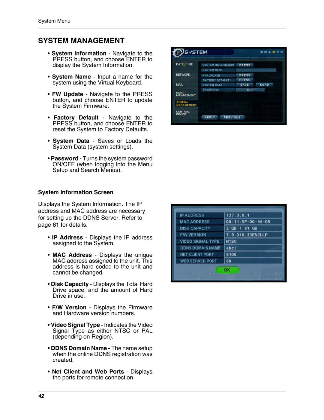 LOREX Technology SG17LD800 Series, SG19LD800 Series instruction manual System Management, System Information Screen 