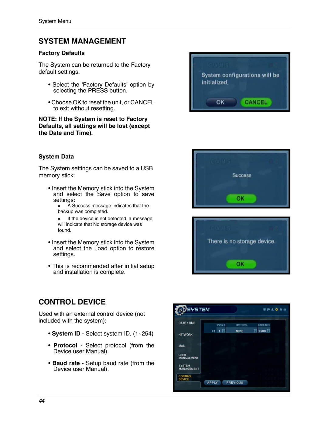 LOREX Technology SG17LD800 Series, SG19LD800 Series instruction manual Control Device, Factory Defaults, System Data 