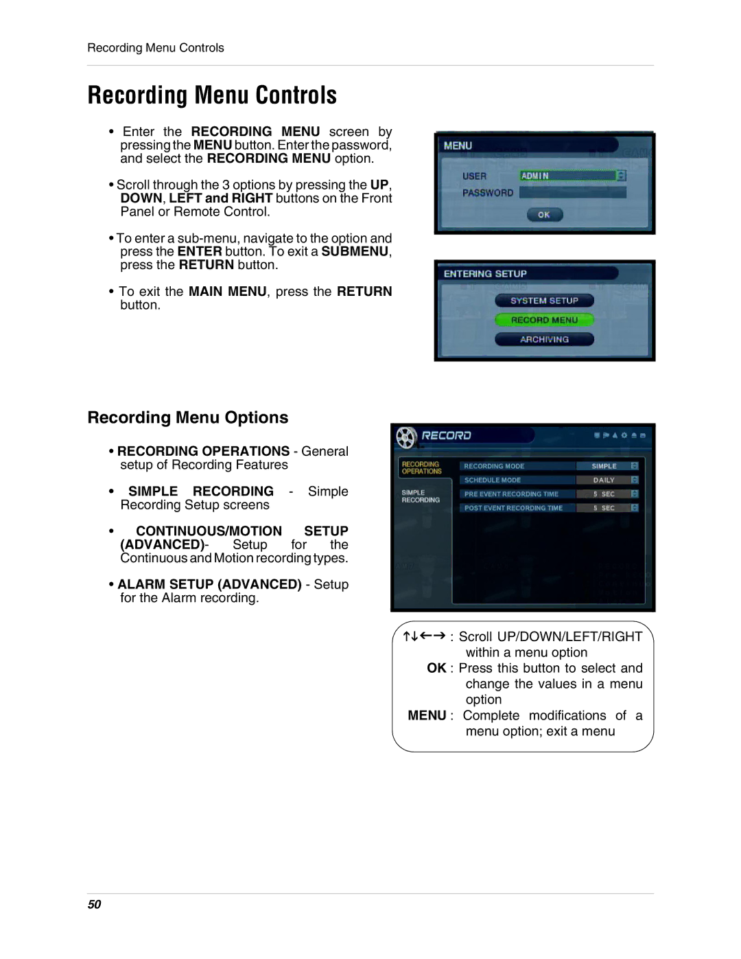 LOREX Technology SG17LD800 Series, SG19LD800 Series instruction manual Recording Menu Controls, Recording Menu Options 