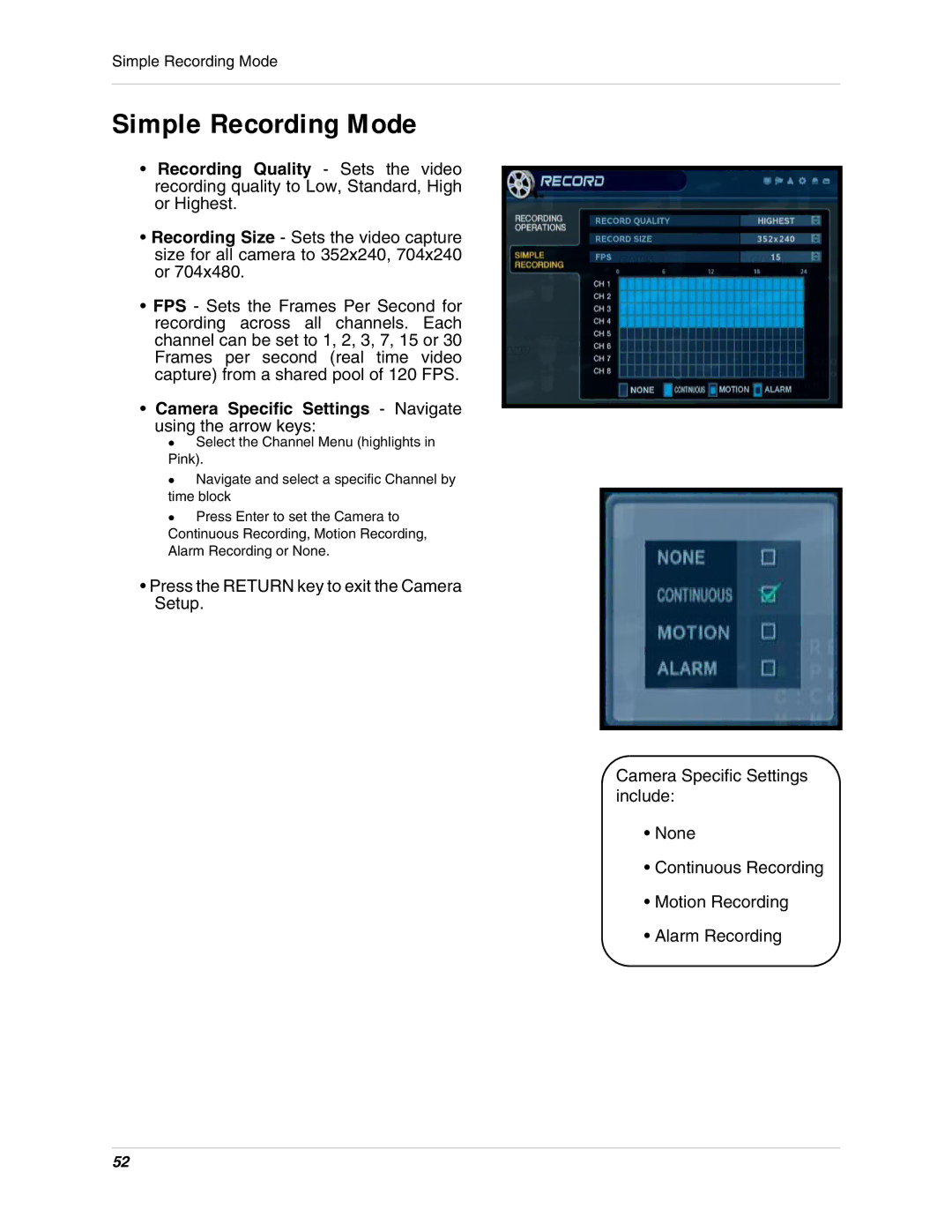 LOREX Technology SG17LD800 Series, SG19LD800 Series Simple Recording Mode, Camera Specific Settings Navigate 