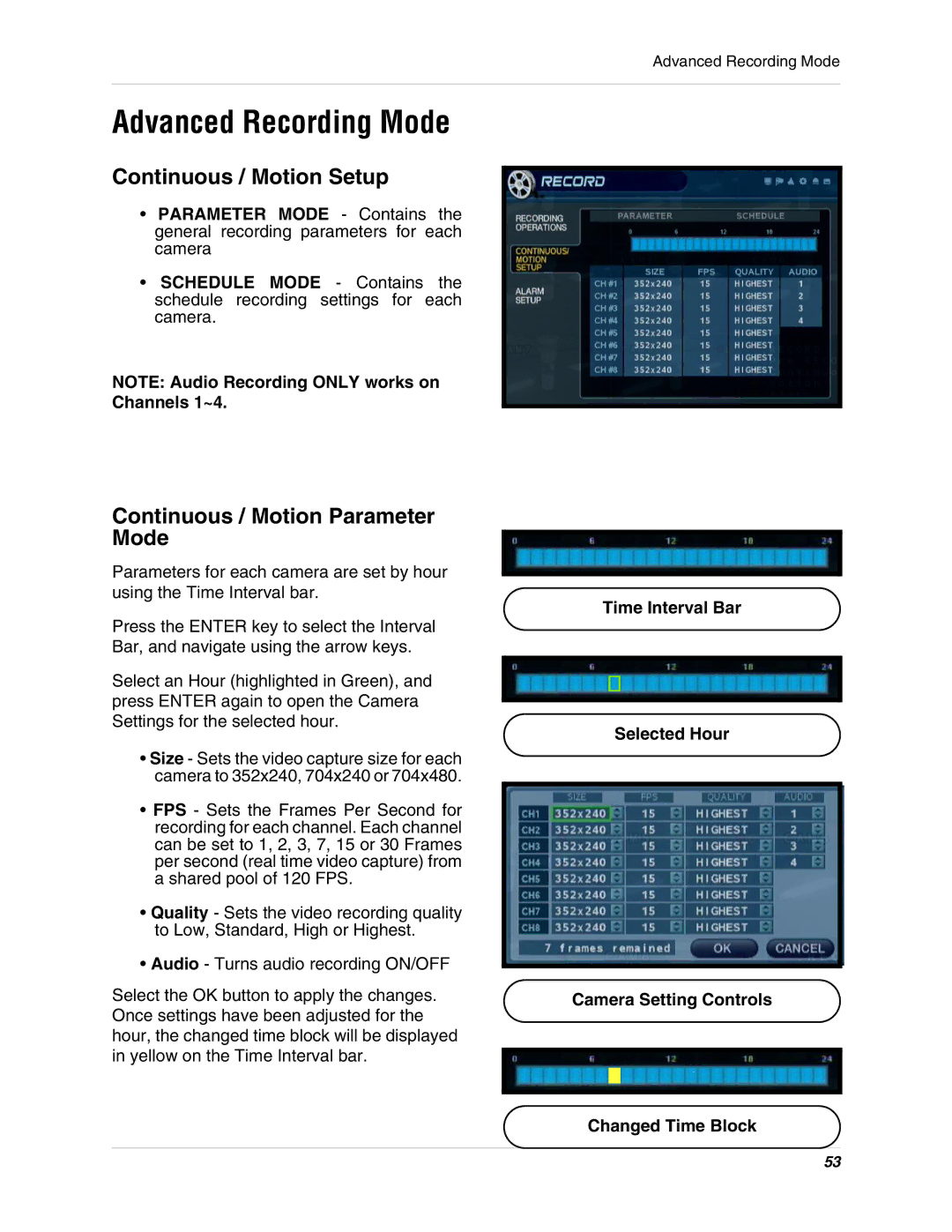 LOREX Technology SG19LD800 Series Advanced Recording Mode, Continuous / Motion Setup, Continuous / Motion Parameter Mode 