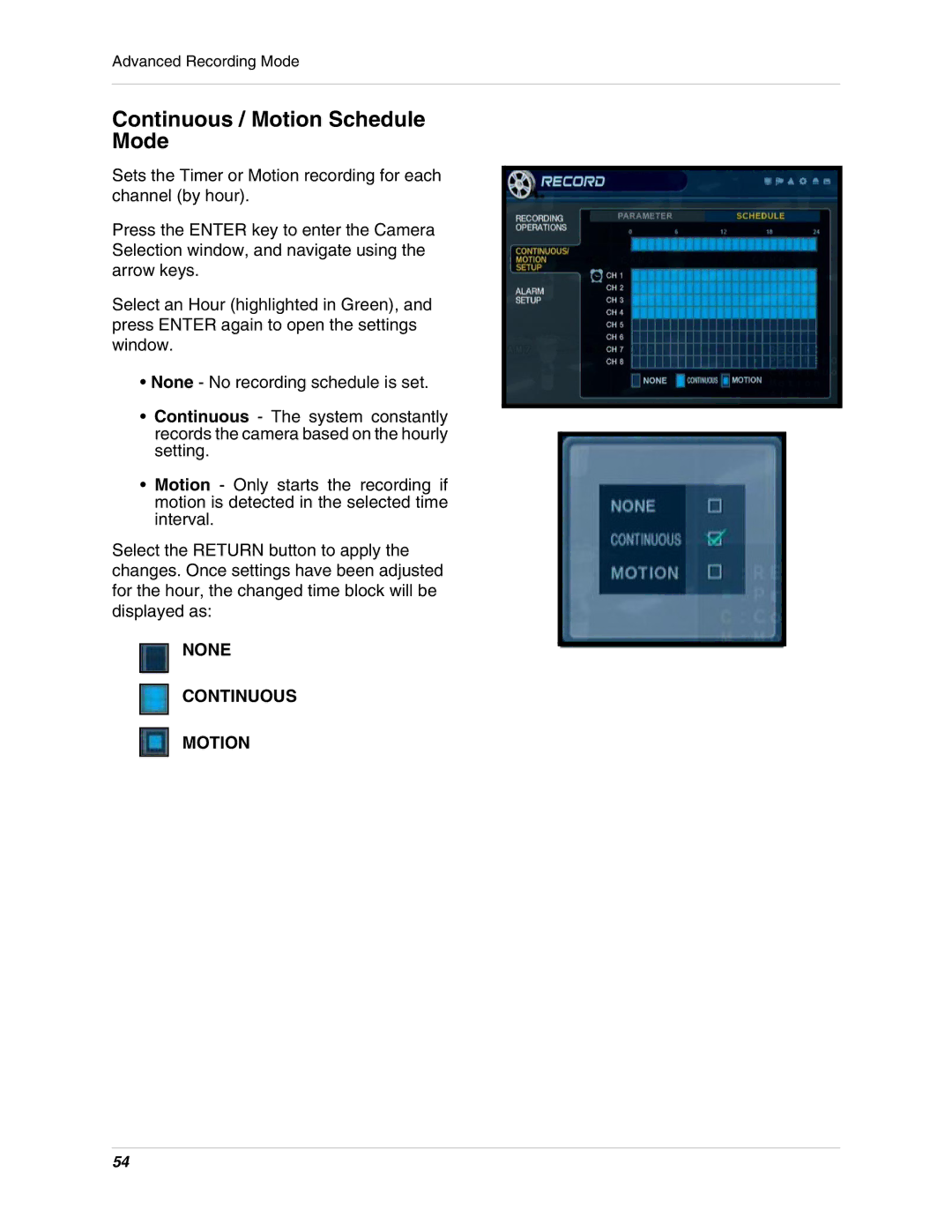 LOREX Technology SG17LD800 Series, SG19LD800 Series instruction manual Continuous / Motion Schedule Mode 