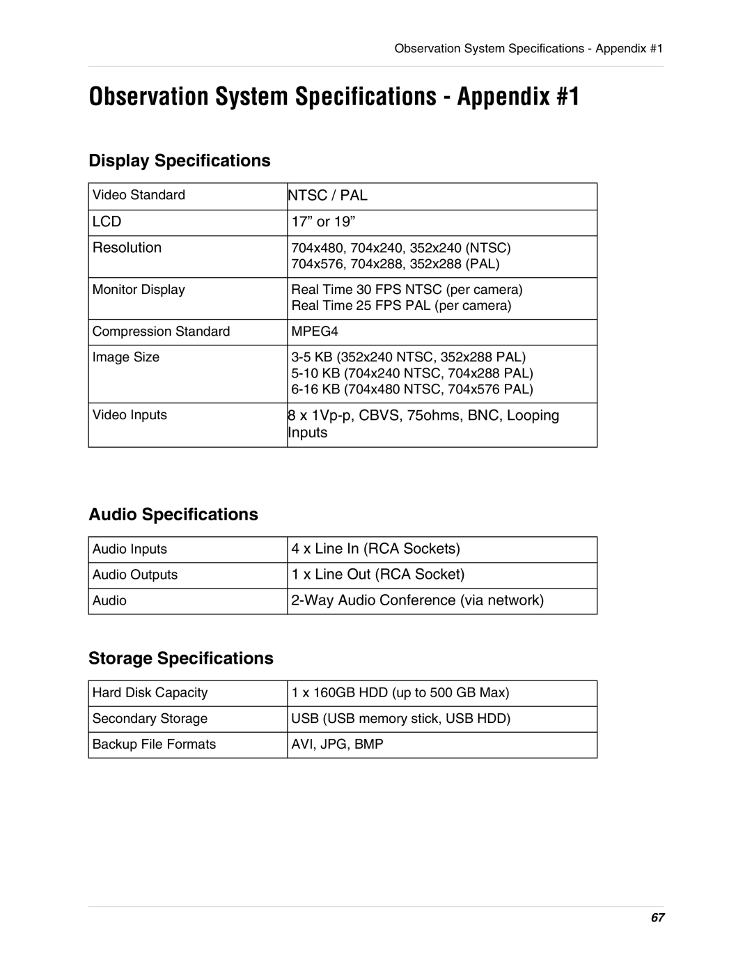 LOREX Technology SG19LD800 Series, SG17LD800 Series Observation System Specifications Appendix #1, Display Specifications 