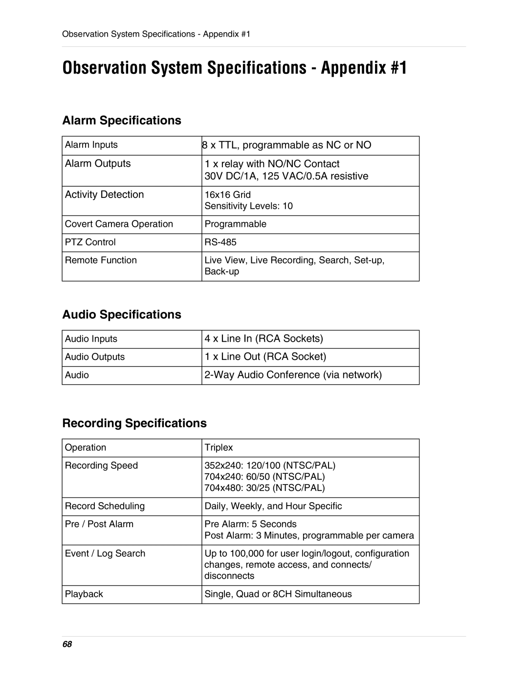 LOREX Technology SG17LD800 Series, SG19LD800 Series instruction manual Alarm Specifications, Recording Specifications 