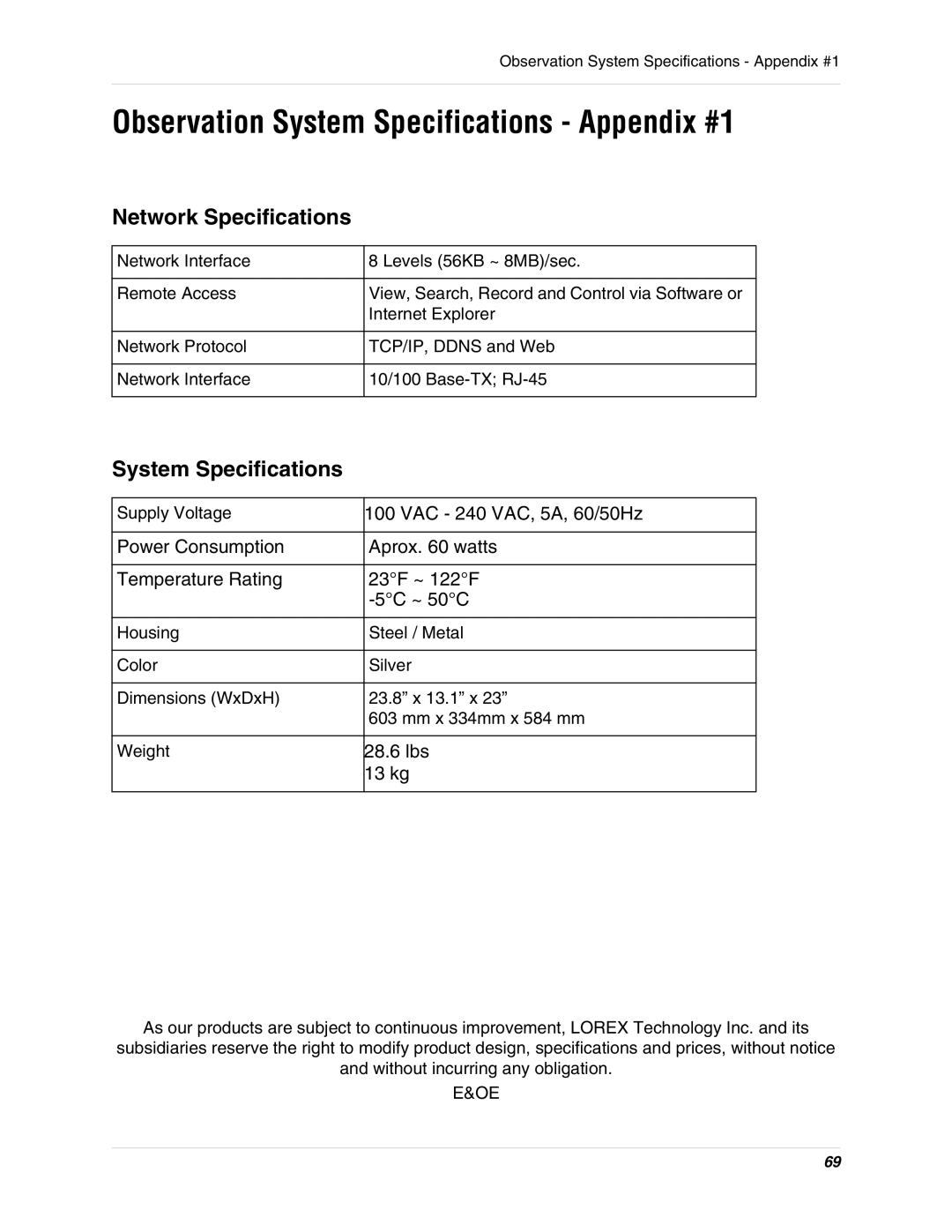 LOREX Technology SG19LD800 Series, SG17LD800 Series instruction manual Network Specifications, System Specifications 