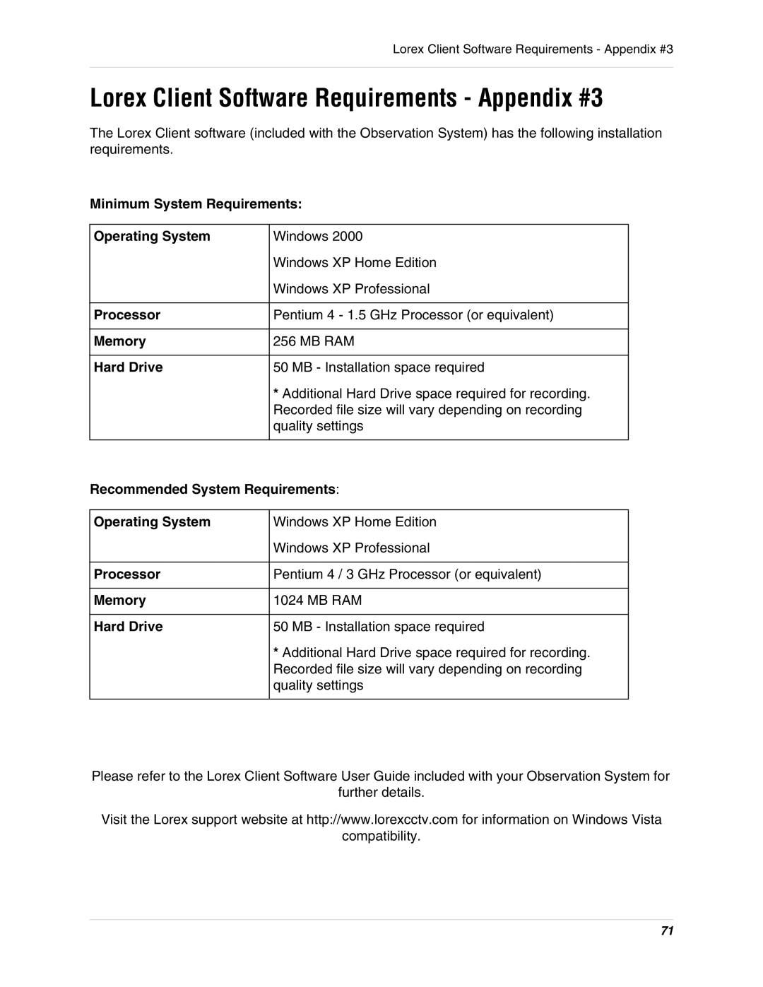 LOREX Technology SG19LD800 Series, SG17LD800 Series instruction manual Lorex Client Software Requirements Appendix #3 