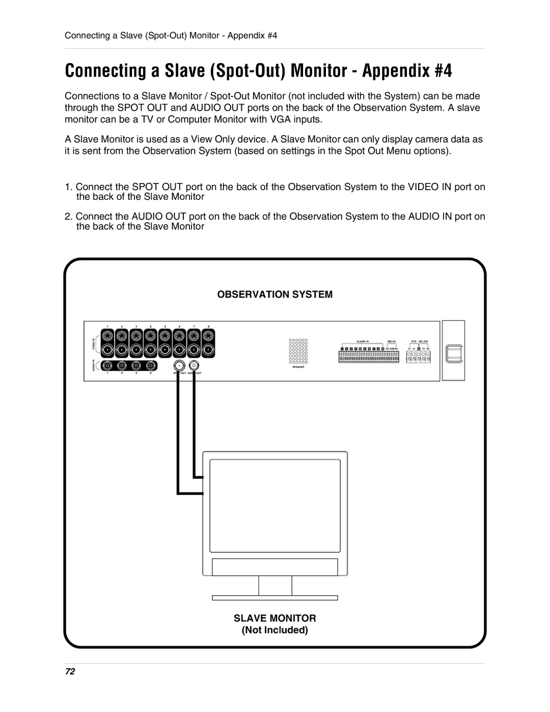 LOREX Technology SG17LD800 Series, SG19LD800 Series Connecting a Slave Spot-Out Monitor Appendix #4, Not Included 