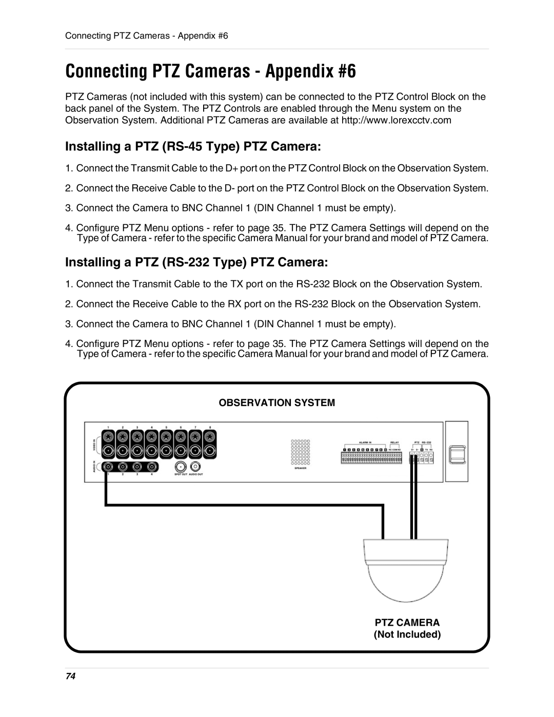 LOREX Technology SG17LD800 Series Connecting PTZ Cameras Appendix #6, Installing a PTZ RS-45 Type PTZ Camera 