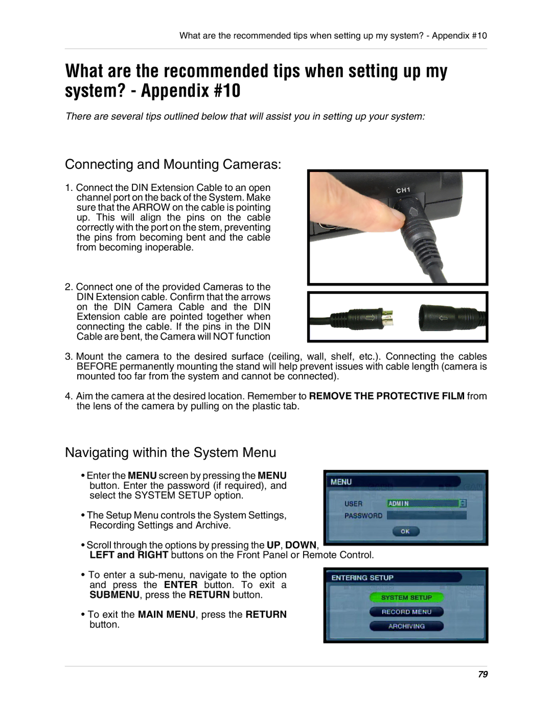 LOREX Technology SG19LD800 Series, SG17LD800 Series Connecting and Mounting Cameras, Navigating within the System Menu 