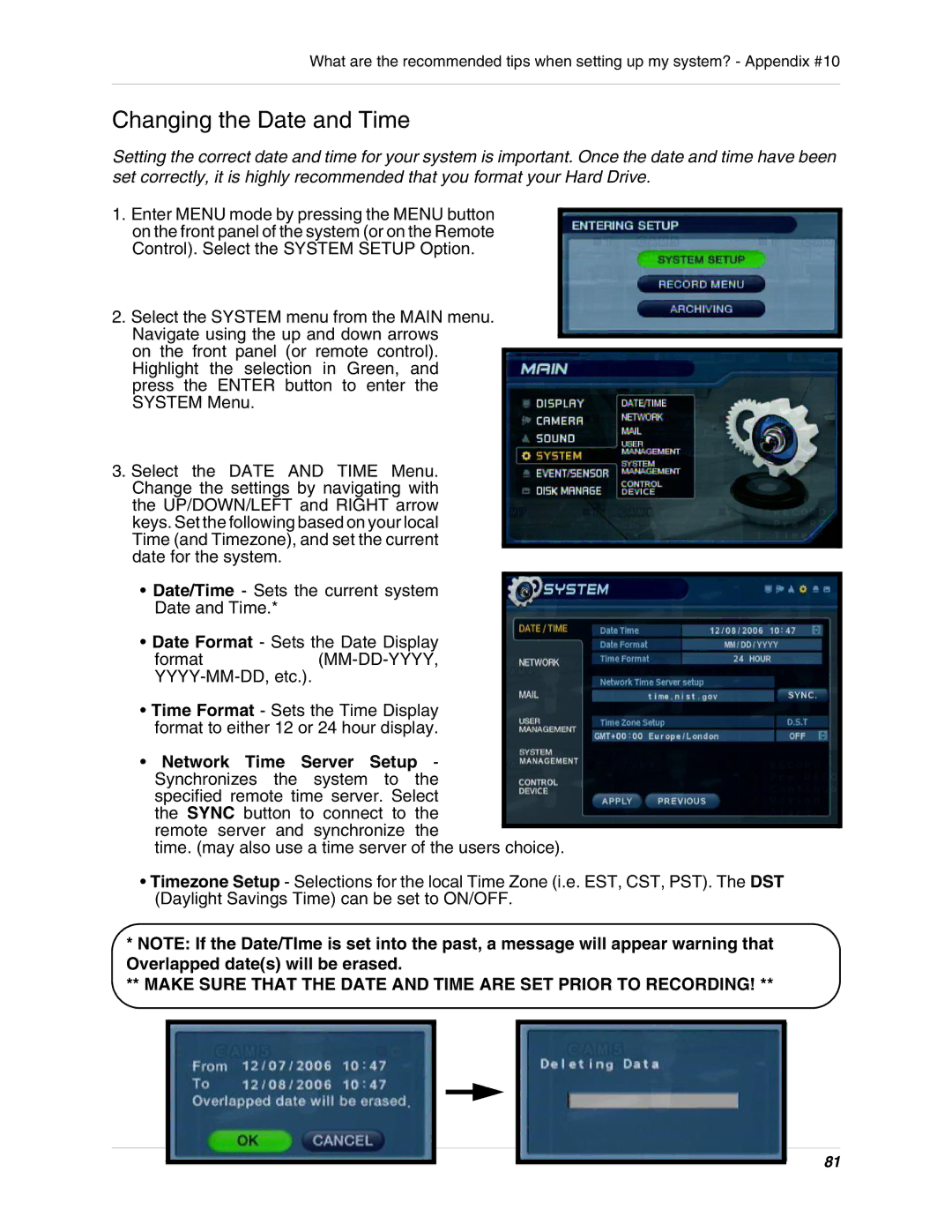 LOREX Technology SG19LD800 Series, SG17LD800 Series instruction manual Changing the Date and Time 