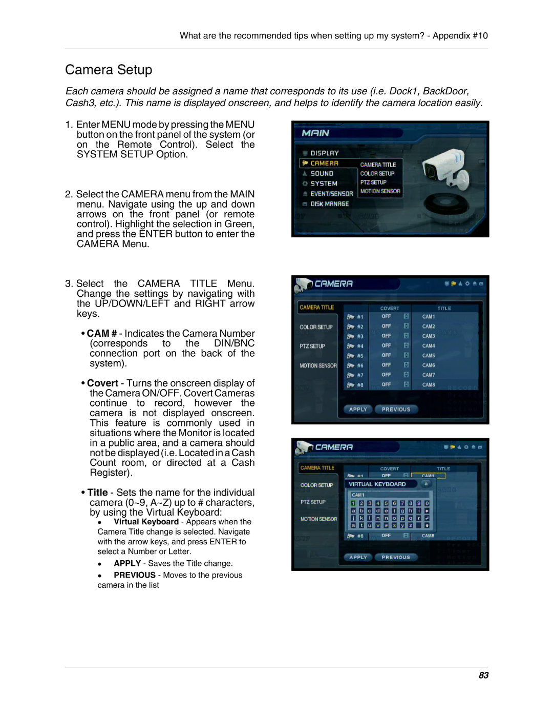 LOREX Technology SG19LD800 Series, SG17LD800 Series instruction manual Camera Setup 