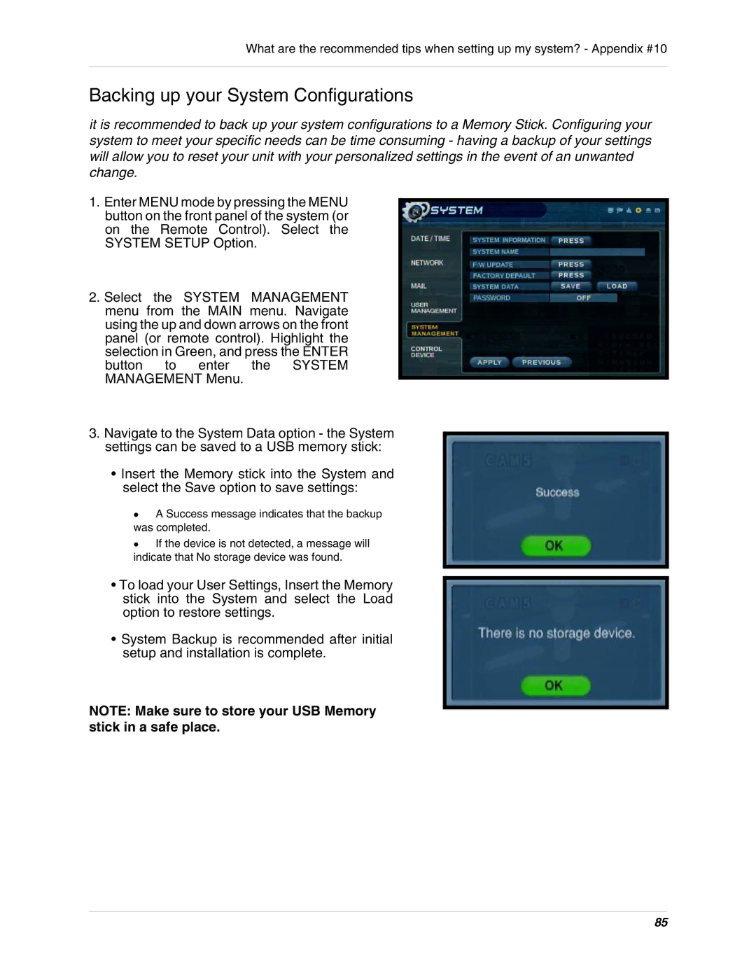 LOREX Technology SG19LD800 Series, SG17LD800 Series instruction manual Backing up your System Configurations 