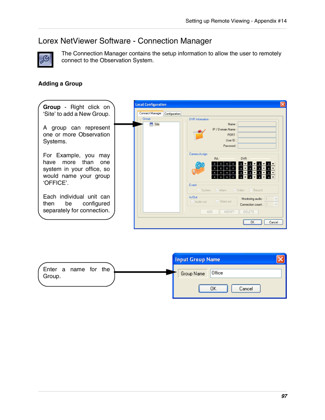 LOREX Technology SG19LD800 Series, SG17LD800 Series Lorex NetViewer Software Connection Manager, Adding a Group 