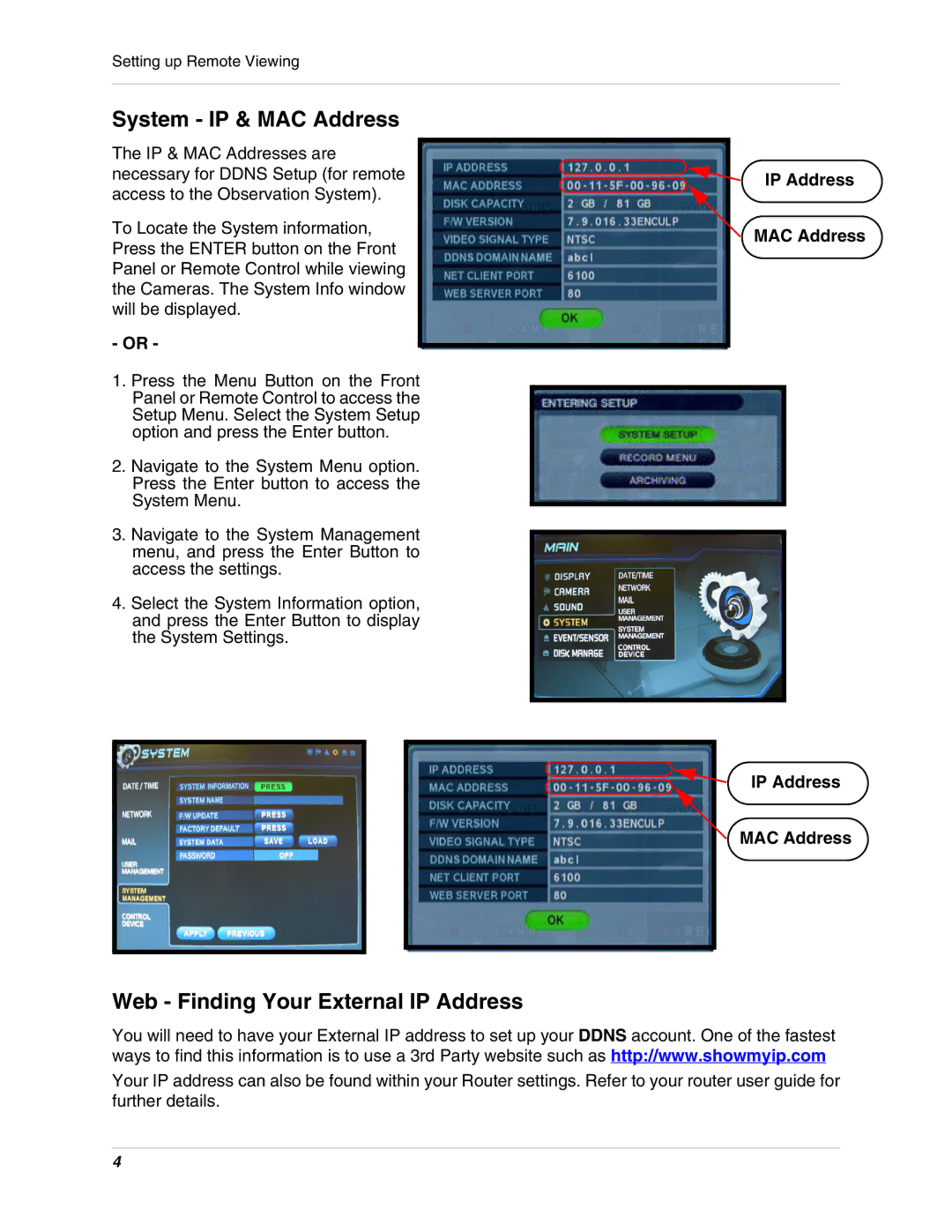 LOREX Technology SG19LD800 manual System IP & MAC Address, Web Finding Your External IP Address, IP Address MAC Address 