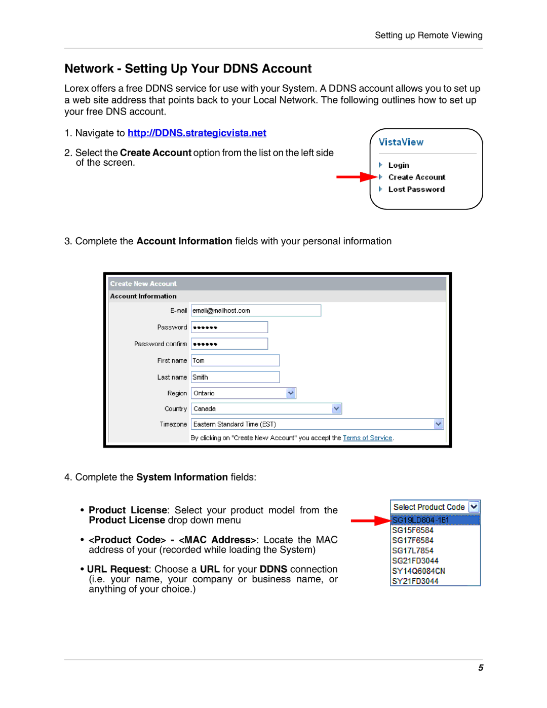 LOREX Technology SG19LD800 manual Network Setting Up Your Ddns Account, Navigate to http//DDNS.strategicvista.net 