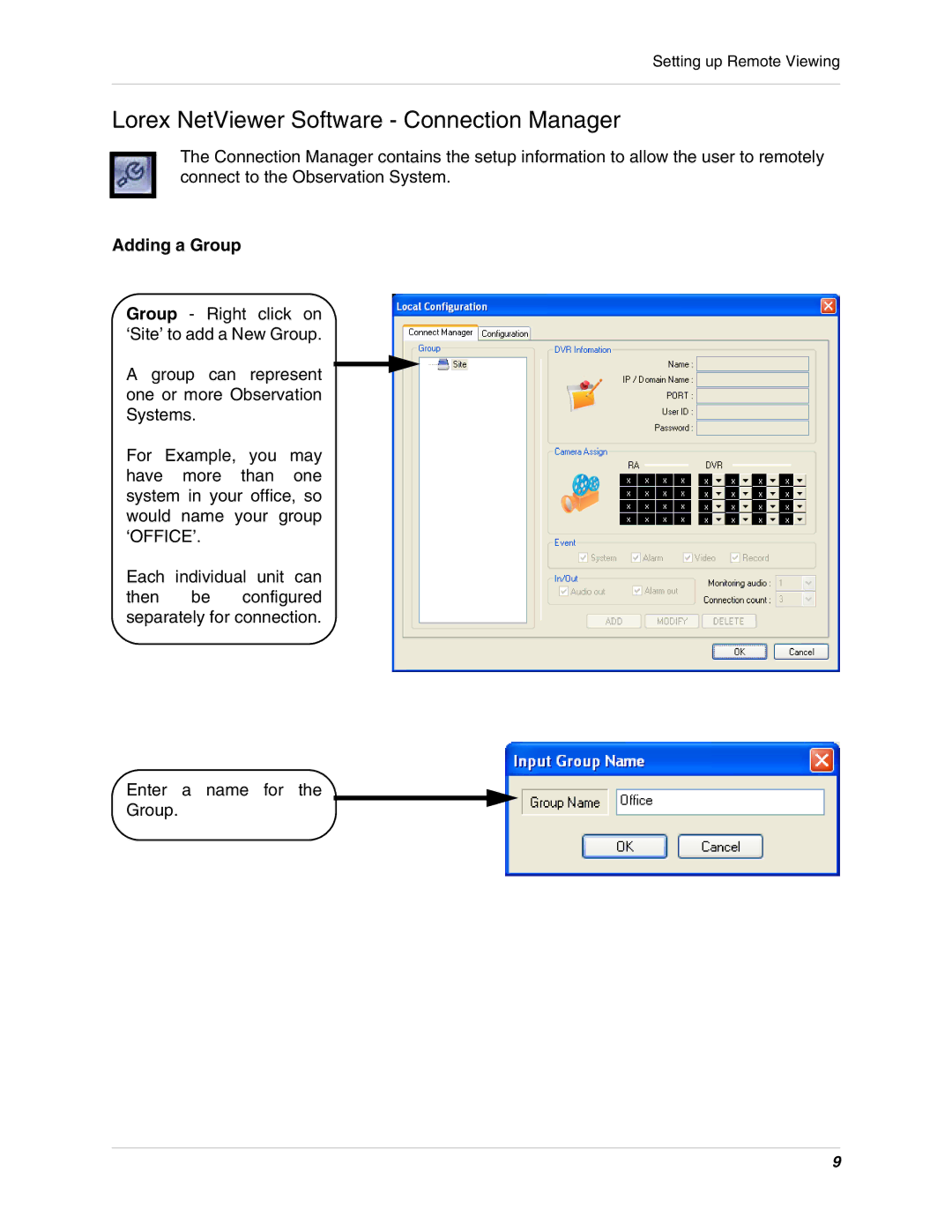 LOREX Technology SG19LD800 manual Lorex NetViewer Software Connection Manager, Adding a Group 