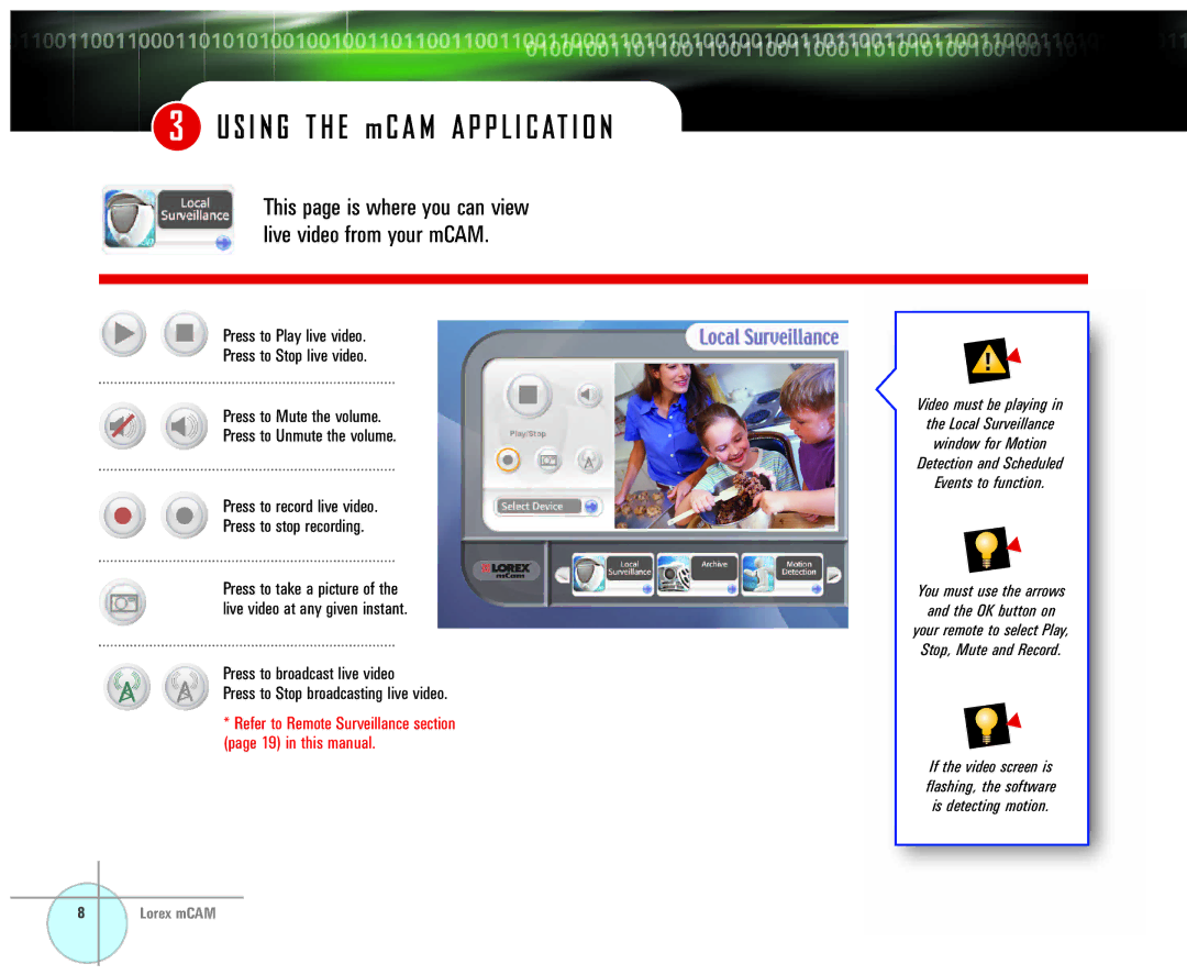 LOREX Technology SG21CD7444 user manual This page is where you can view live video from your mCAM 