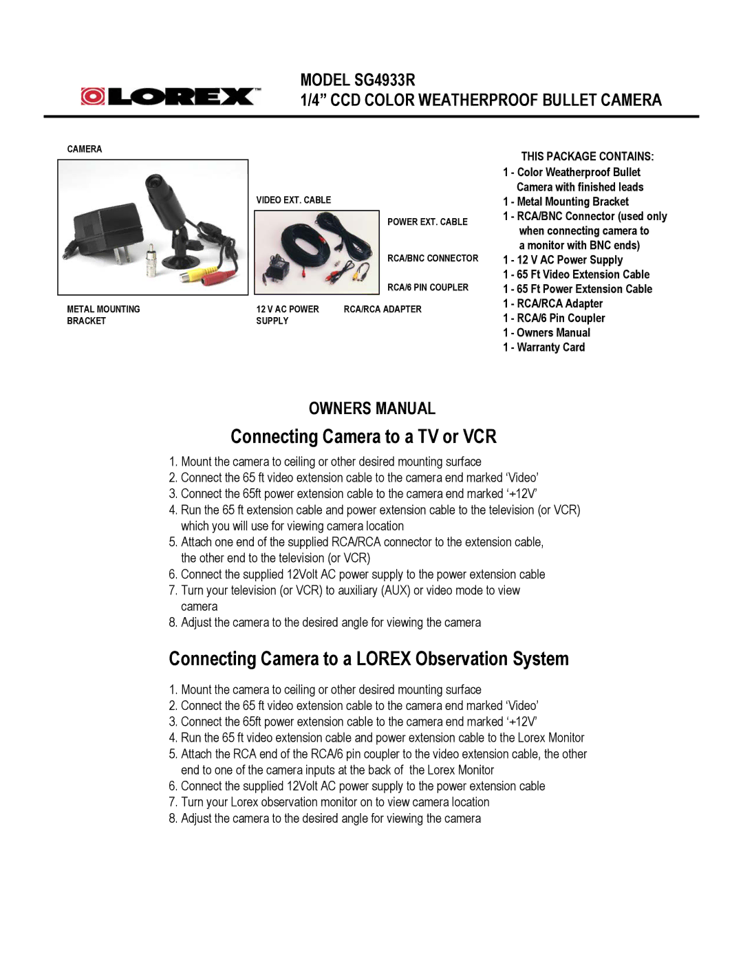 LOREX Technology SG4933R owner manual Connecting Camera to a TV or VCR, Connecting Camera to a Lorex Observation System 