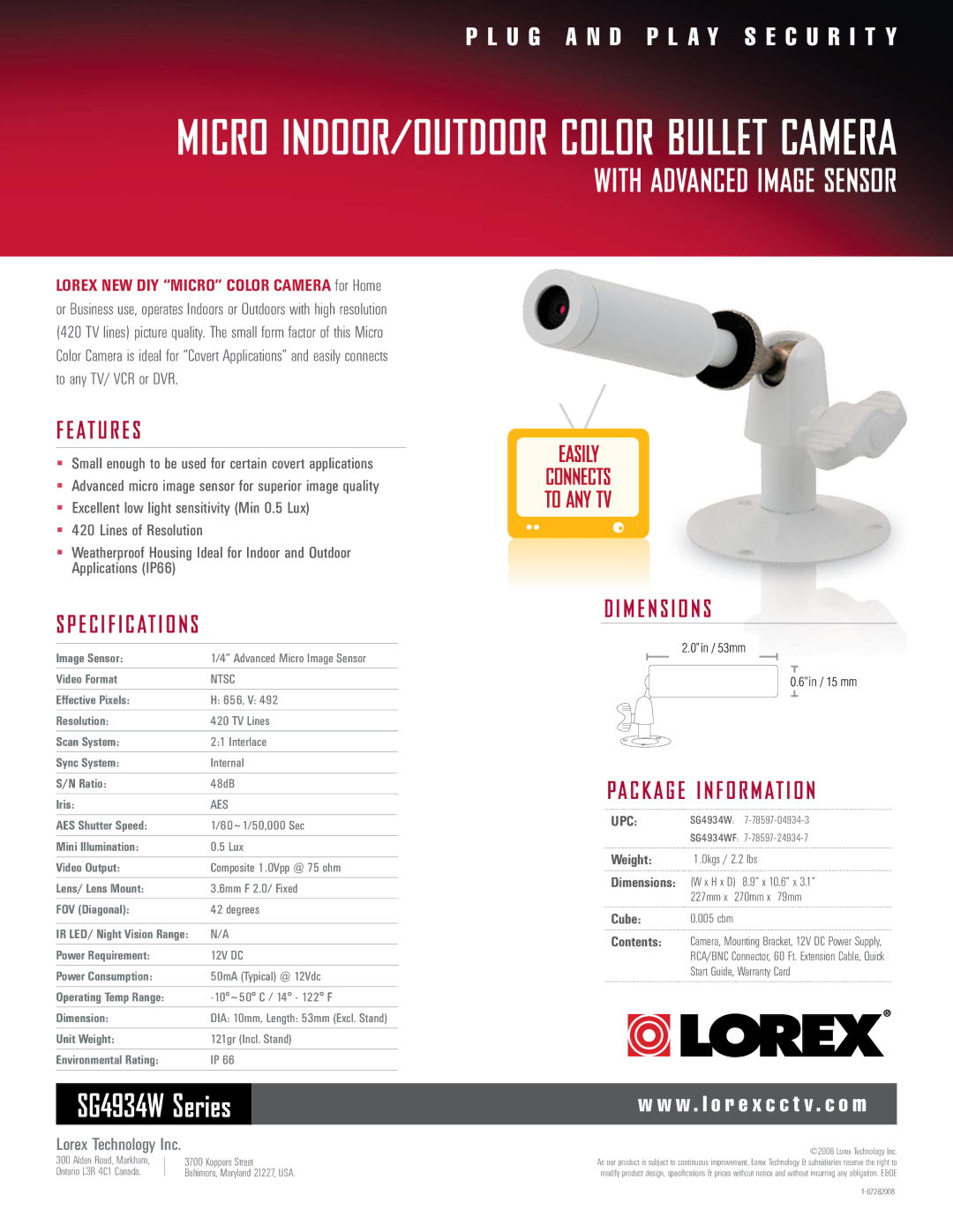 LOREX Technology SG4934W Series dimensions E c i f i c at i o n s, M e n s i o n s, Pa c k a g e I n f o r m at i o n 