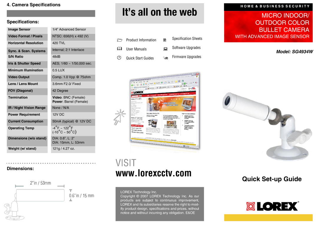 LOREX Technology SG4934W dimensions Camera Specifications, Dimensions 