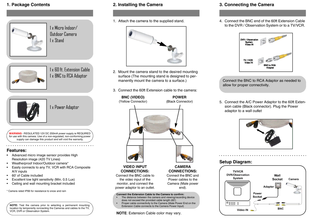 LOREX Technology SG4934W dimensions Package Contents, Features Installing the Camera, Connecting the Camera, Setup Diagram 