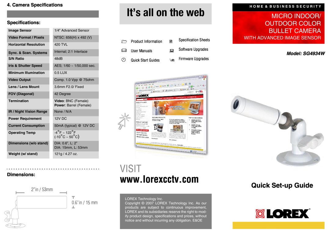 LOREX Technology SG4934W dimensions Camera Specifications Specifications, Dimensions, Product Information, Visit 