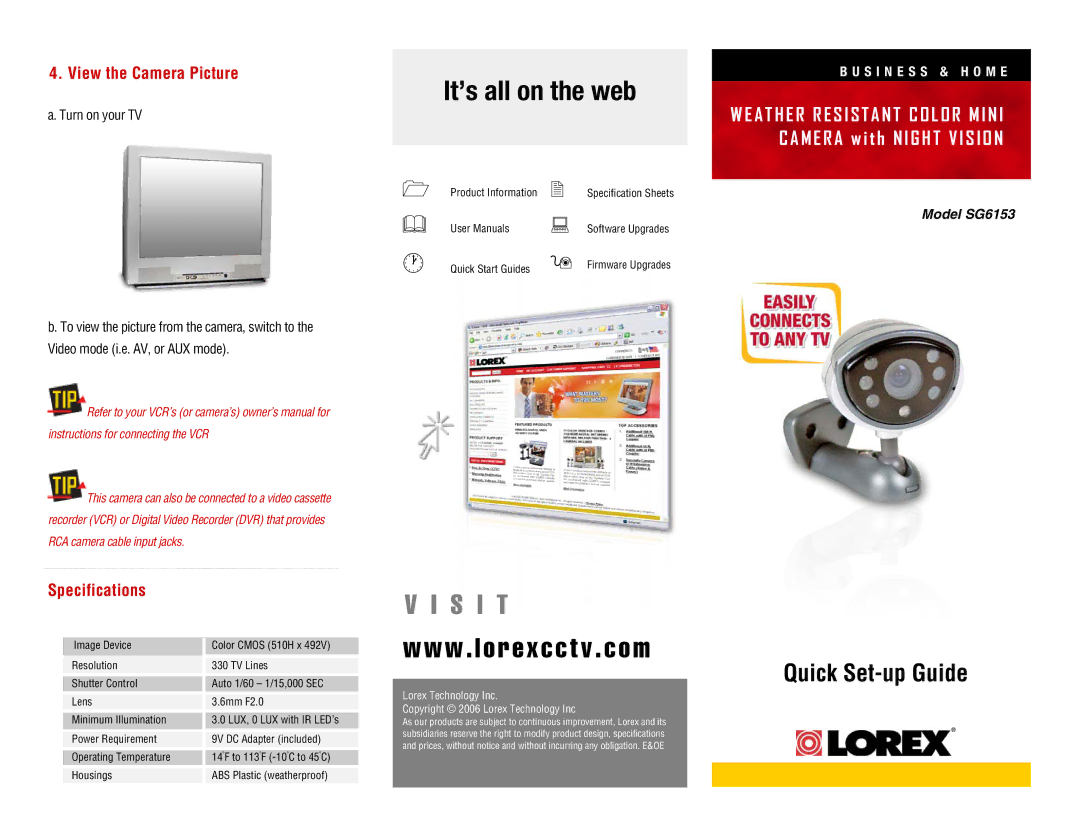 LOREX Technology SG6153 specifications View the Camera Picture, Specifications, Turn on your TV 