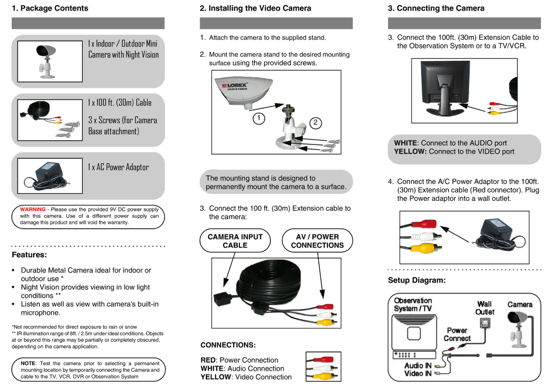 LOREX Technology SG6183W Package Contents, Features, Installing the Video Camera, Connecting the Camera, Setup Diagram 