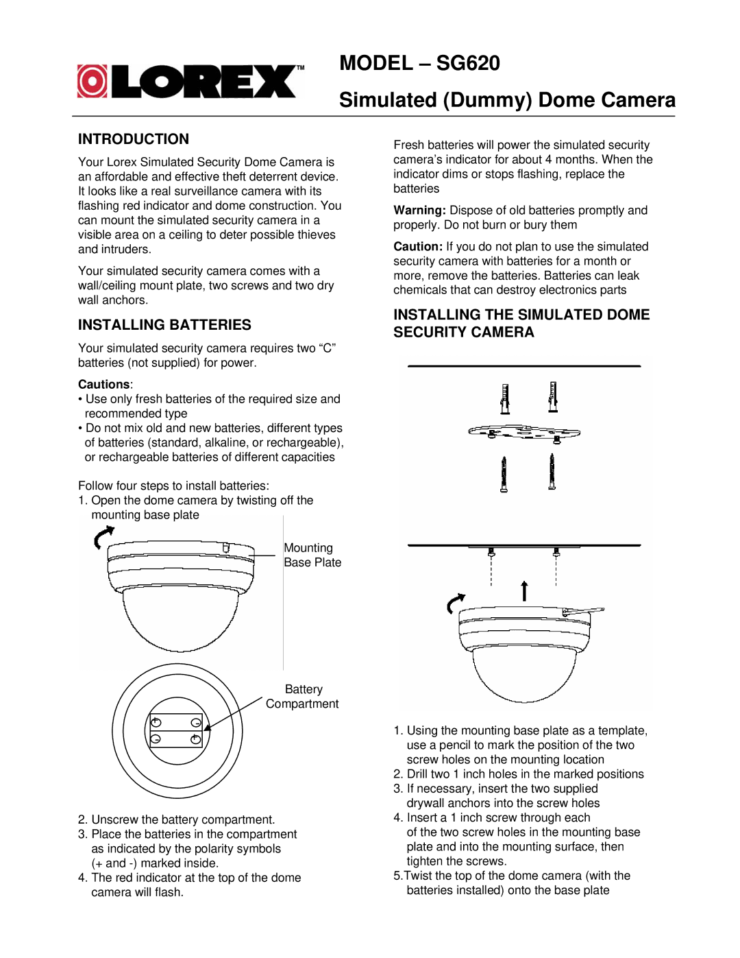 LOREX Technology manual Model SG620, Simulated Dummy Dome Camera, Introduction, Installing Batteries 