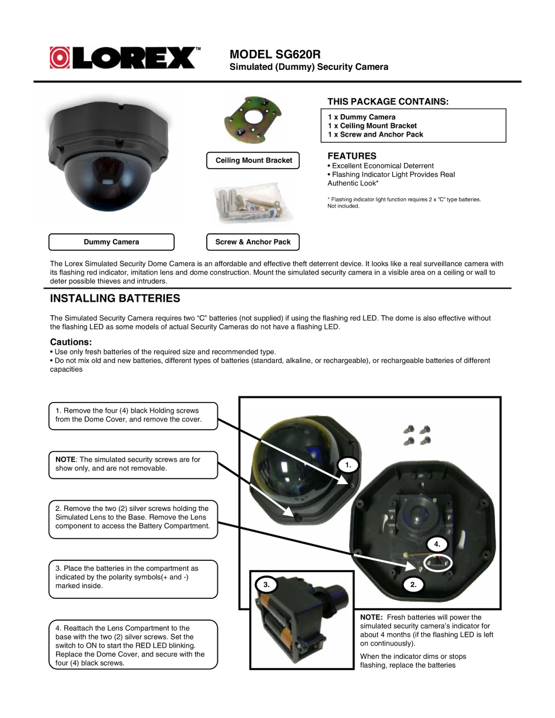 LOREX Technology manual Model SG620R, Installing Batteries, This Package Contains, Features 