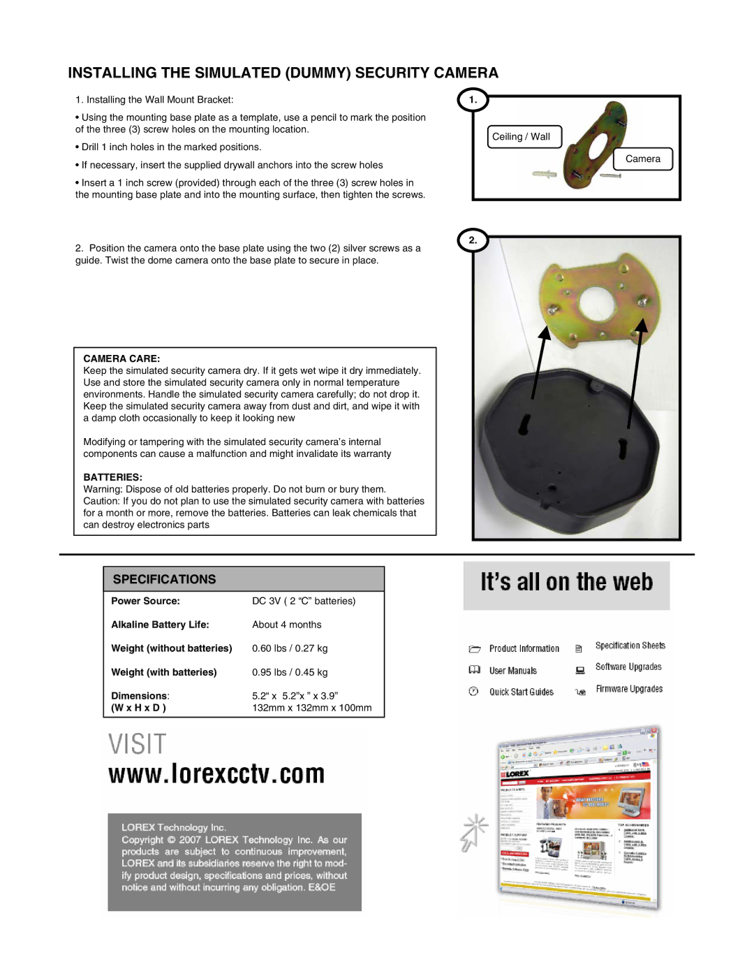 LOREX Technology SG620R manual Installing the Simulated Dummy Security Camera, Specifications, Camera Care, Batteries 